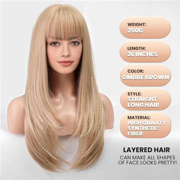 613 Blonde Wig With Bangs For Women Long Straight Wigs Synthetic Layered - Picture 3 of 6